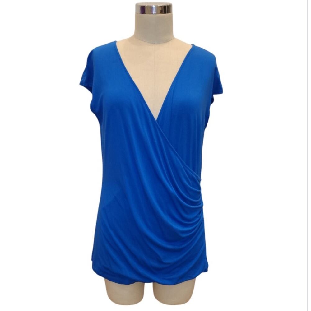 Lauren Ralph Lauren V-Neck Wrap Top XL Blue Pullover Draped Soft Viscose Stretch